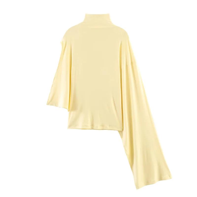 Haut asymétrique plissé décoratif jaune à col montant et manches courtes pour femme, nouvelle collec
