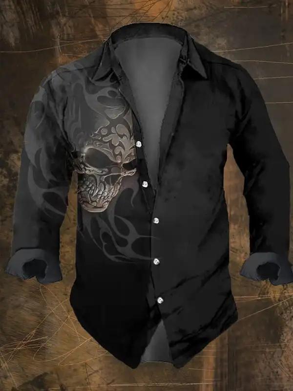 Mode hommes Vintage crâne foncé imprime chemises à manches longues imprimé crâne hauts noirs coupe r