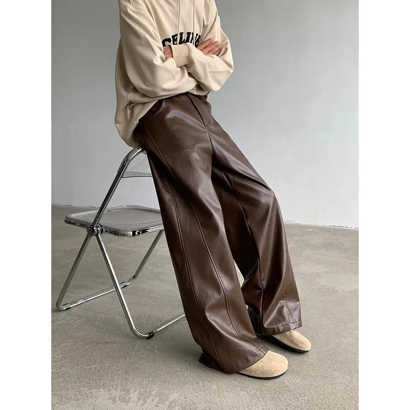 Pantalon droit en cuir PU pour hommes, mode punk, hanche, jambe large, vadrouille, coupe-vent, fjcd