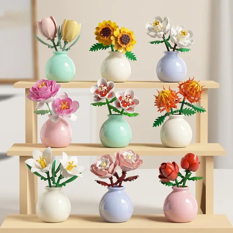Blocs de construction pot plante bouquet de fleurs, roses, blocs de construction de lys, jouets avec