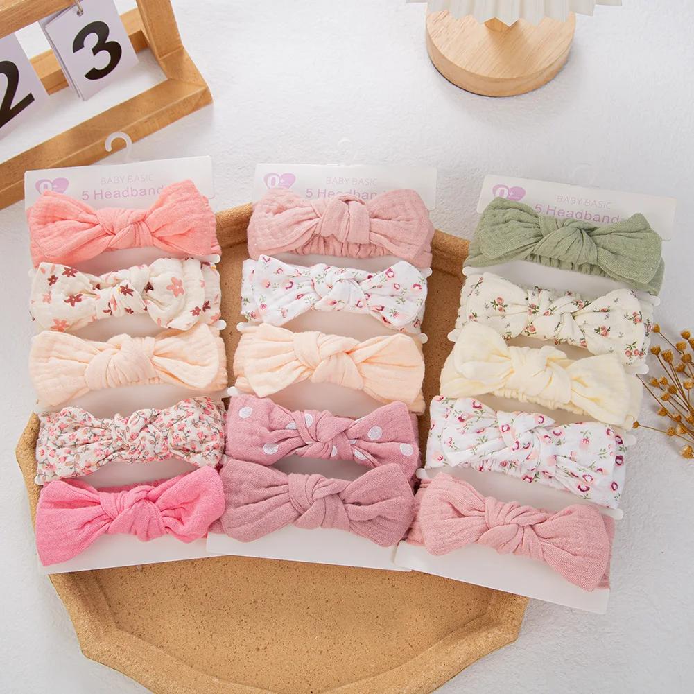 5 pièces/ensemble solide mousseline coton lin bébé bandeau élastique lapin oreille bandeau de cheveu