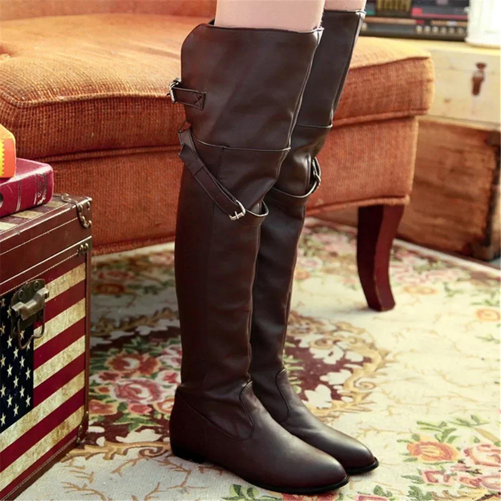 Bottes longues à bout rond pour femmes, bottes au-dessus du genou, ceinture en cuir, chaussures sexy