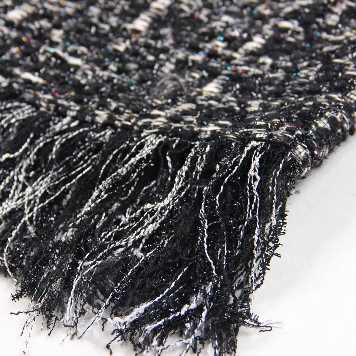 S-XL haute qualité mode nouvelle rayure élastique tweed tissu col rond manches longues frange dentel