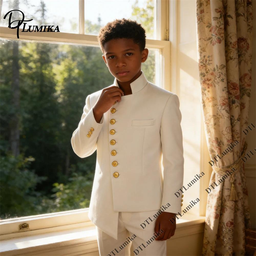 Costume de Cérémonie Élégant pour Garçon : Veste à Col Montant avec Boutons Dorés et Pantalon Assort