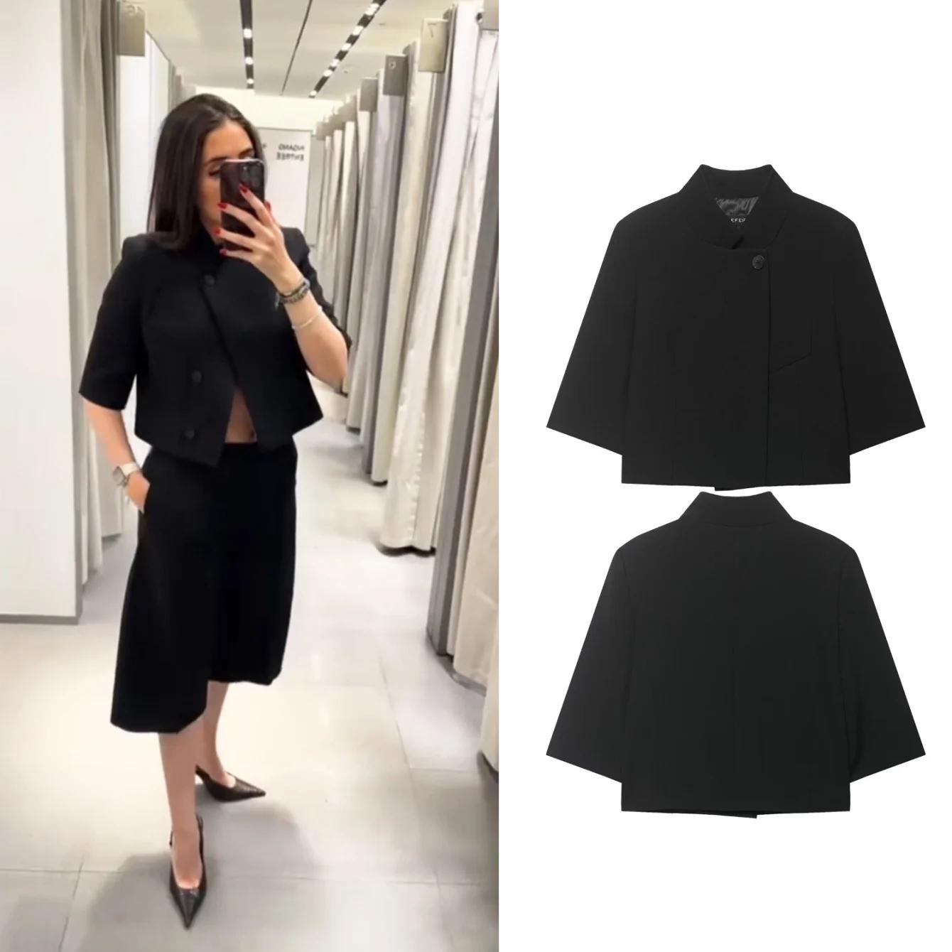 Blazer court noir pour femme, nouvelle collection printemps, manteau simple boutonnage avec épaulett