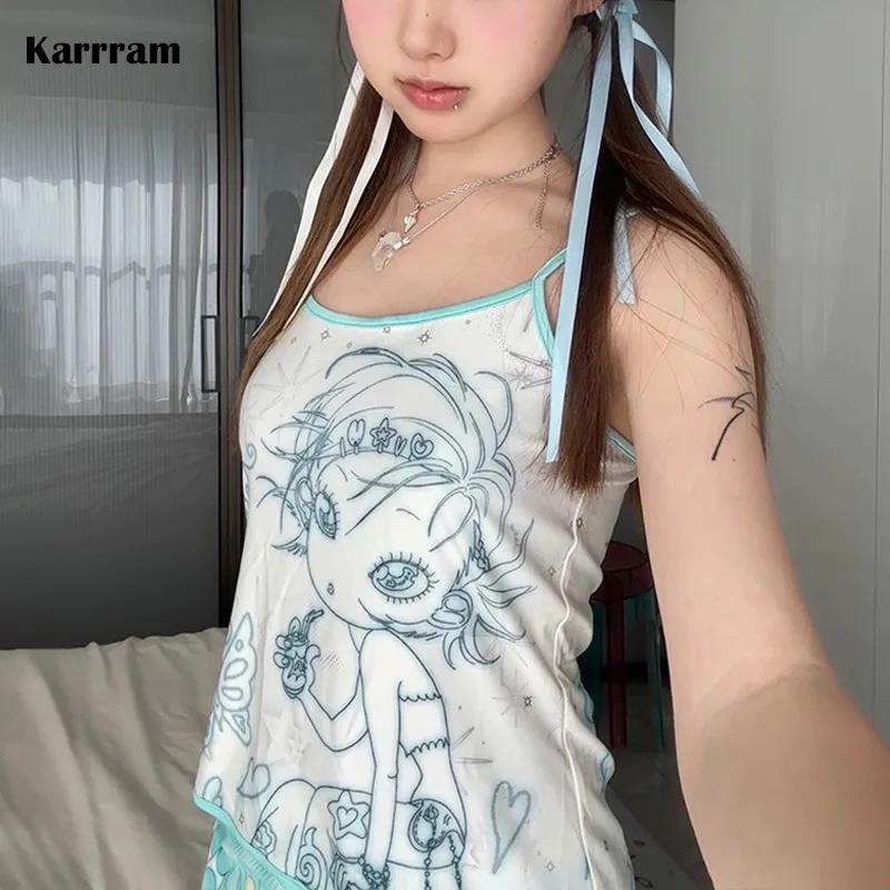 Karr233 Y2k Aesthetics Cami Top, Fairycore Anime Print Camisole, Kawaii Crop Top, Japanese Harajuku