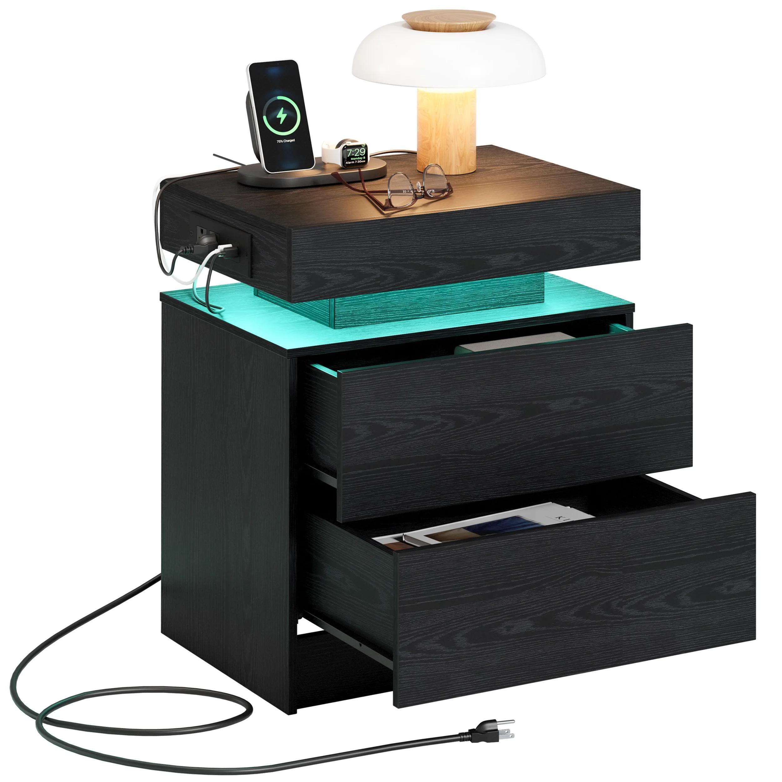 LIKIMIO-Table de chevet avec station de charge, table de chevet moderne avec lumière LED et égouts d