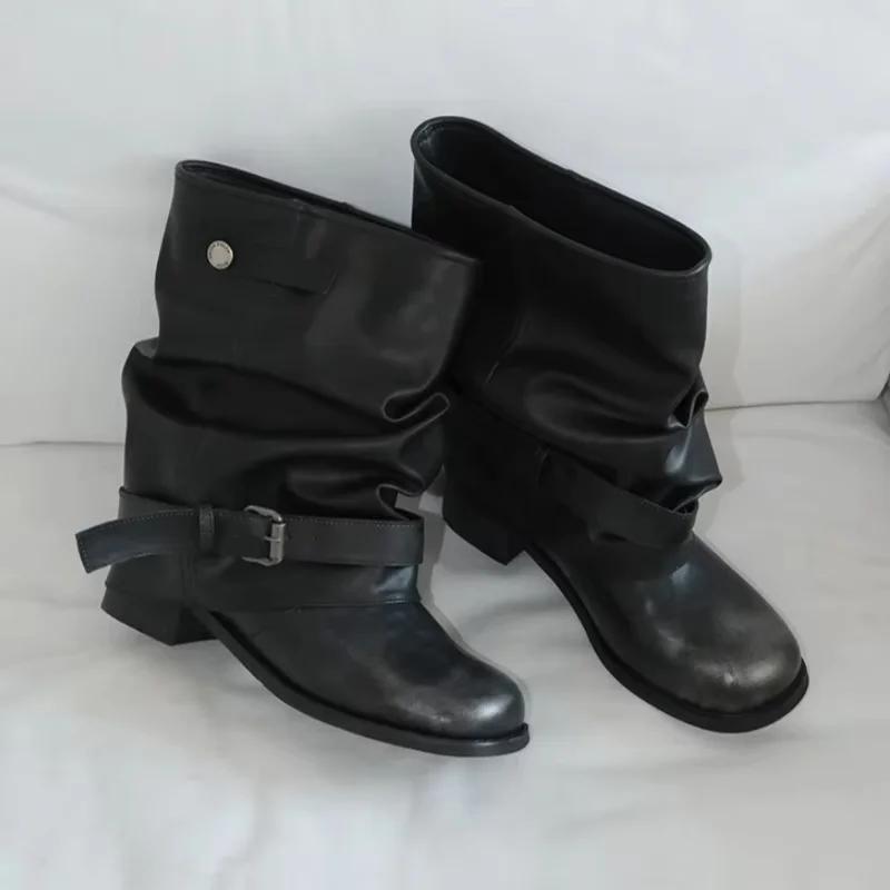 Bottes mi-mollet noires pour femmes, style décontracté, avec boucle, bout carré, talon épais, bottes