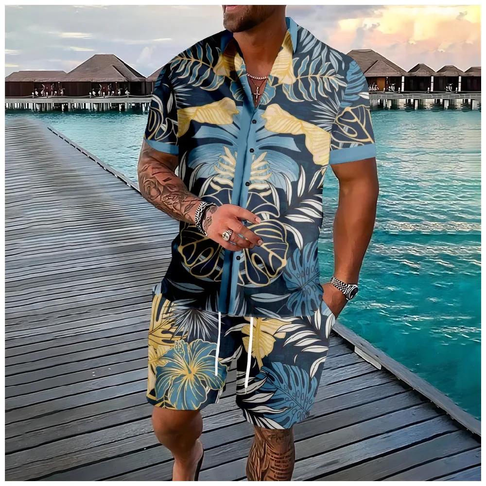 Chemise hawaïenne flamant cocotier impression 3d chemise à manches courtes + Short 2 pièces ensemble