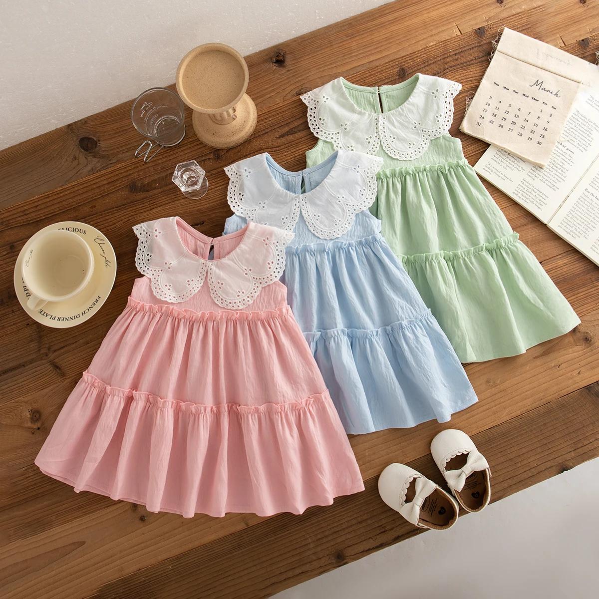 Robe plage été coton filles sans manches à revers couleur unie mignonne