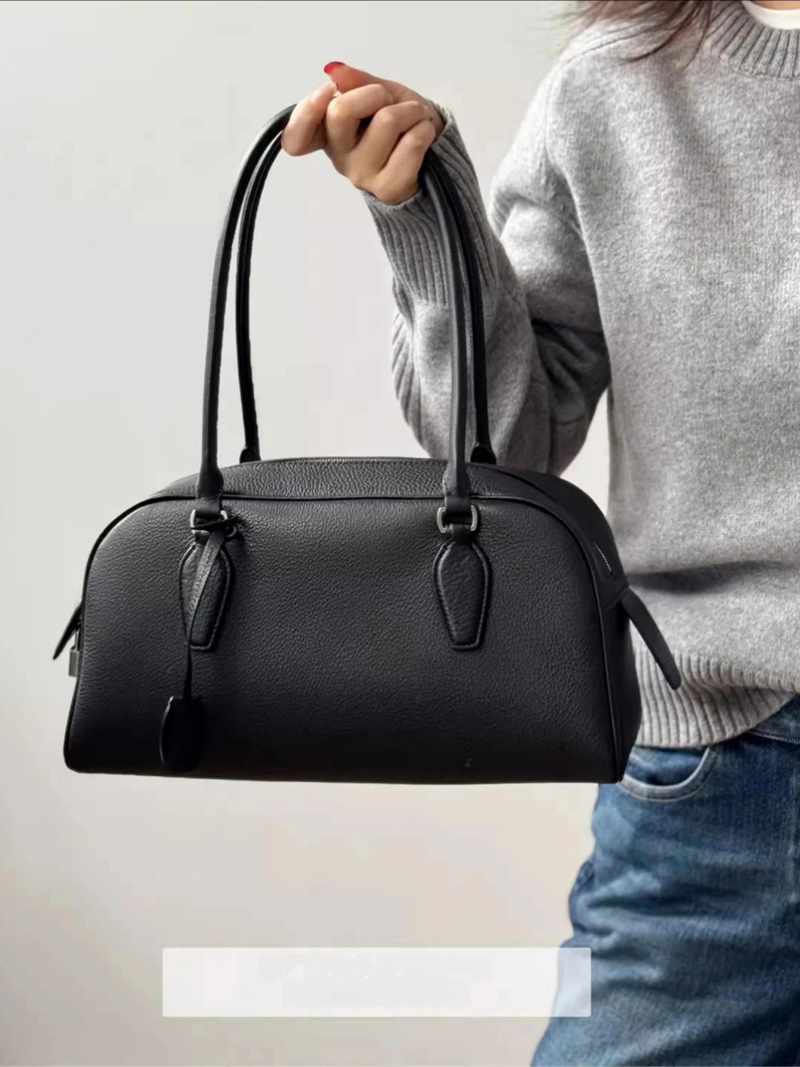 Sac de style français au design de niche, sac bowling Boston en cuir de vachette première couche, sa