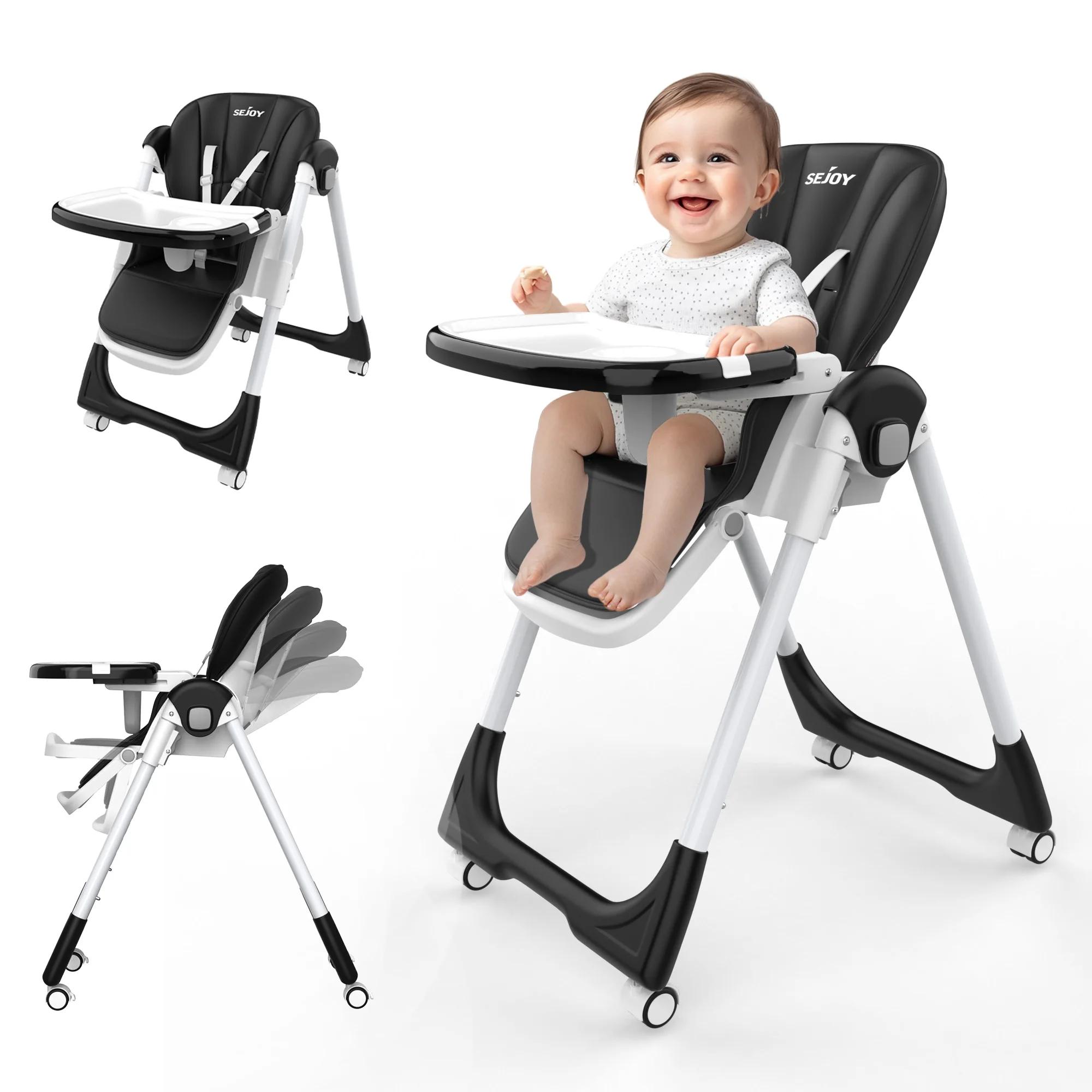 Chaise haute pour bébé Sejoy réglable avec harnais 5 points, plateau à 3 niveaux et roulettes, certi