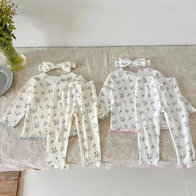  Nouveauté bébé filles imprimé fleuri coton pyjama ensemble à manches longues dentelle garniture de