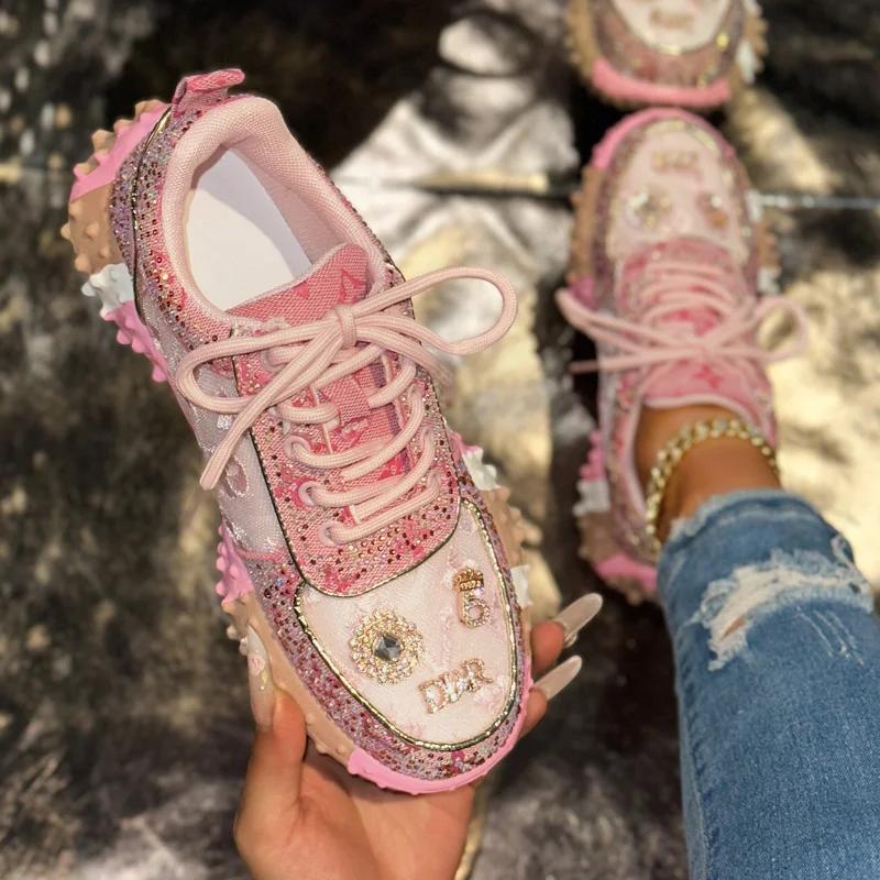 Baskets décontractées pour femmes, chaussures de luxe à strass, nouvelle plateforme d'extérieur, cha