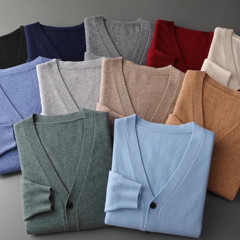 Pull en laine pure pour hommes, cardigan basique, manteau à col en V, veste décontractée, haut de do