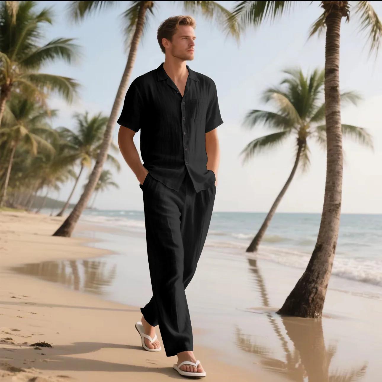 Ensemble deux pièces décontracté en coton et lin pour hommes, chemises et pantalons de base Vintage
