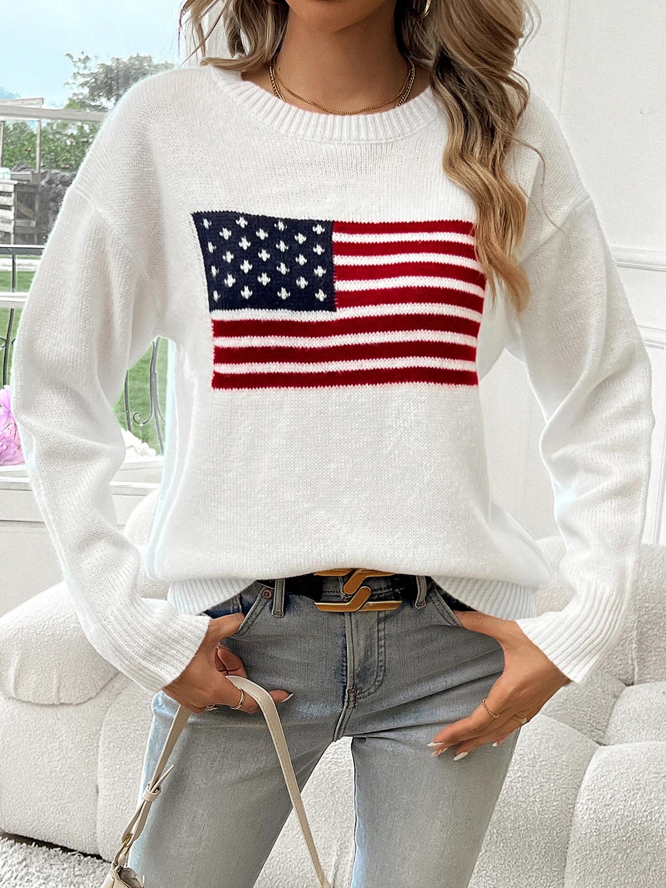 Pull à manches longues et col rond avec drapeau américain pour femme