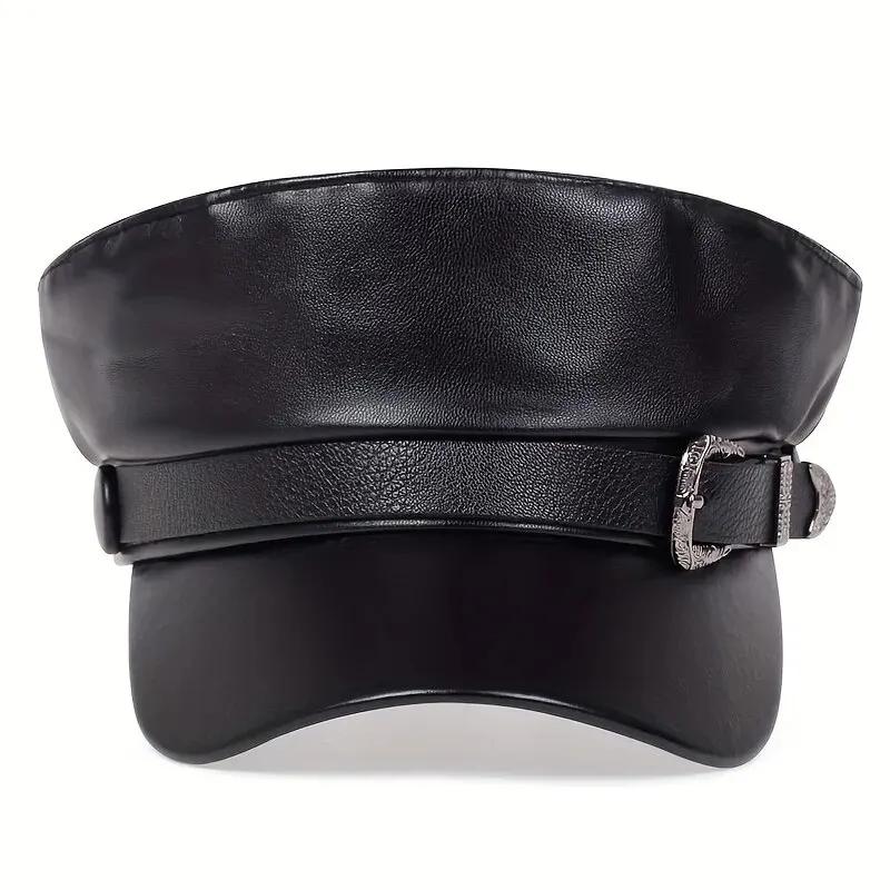 Chapeau en cuir avec grande ceinture pour femmes et hommes, chapeaux de marin, casquettes béret noir