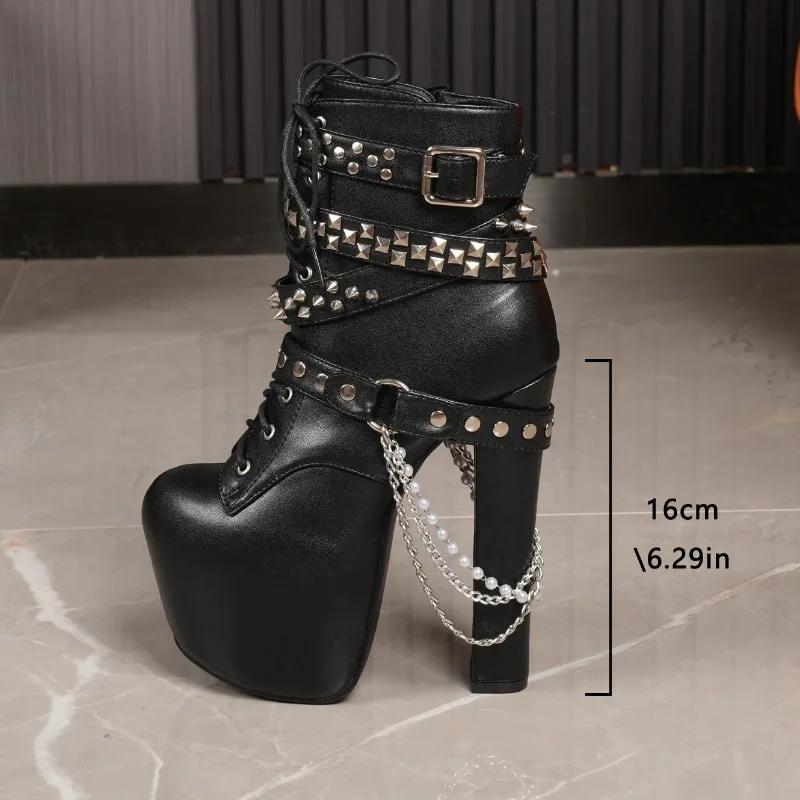 Noir Super talons hauts 16CM plate-forme épaisse métal talon épais à lacets bottes courtes 2025 auto