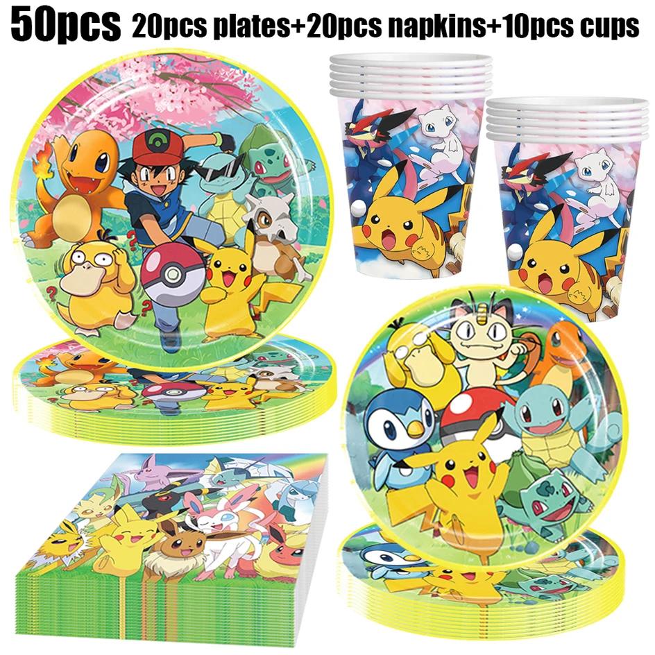 Décorations de fête d'anniversaire Pokemon, vaisselle en papier, assiettes, serviettes, tasses, napp