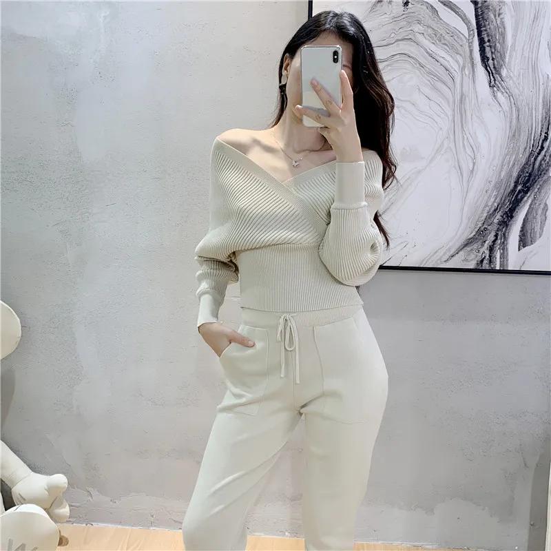 Ensemble deux pièces pour femme, survêtement élégant, Sexy, Style coréen, tricoté, côtelé, dos nu, L