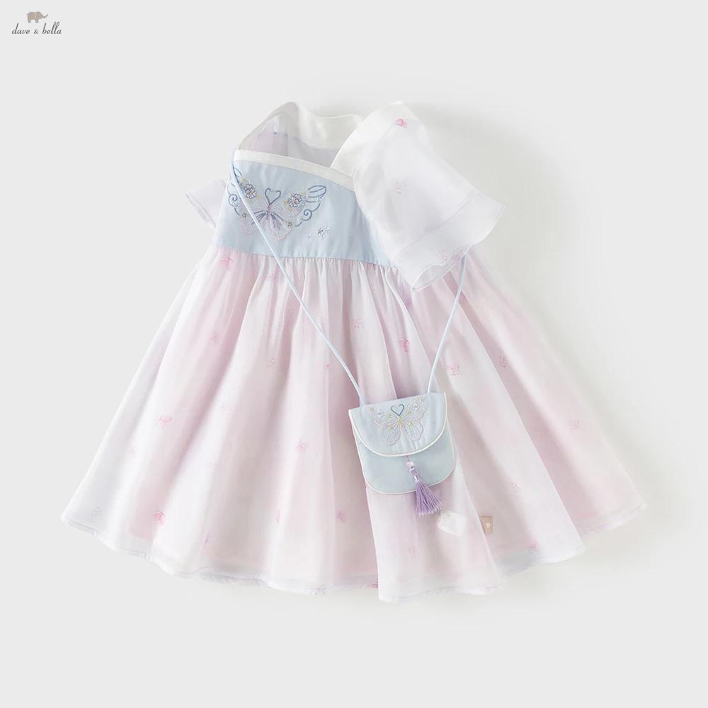 Robes d'été brodées pour enfants Dave Bella, robe en maille pour filles avec sac, style chinois, élé