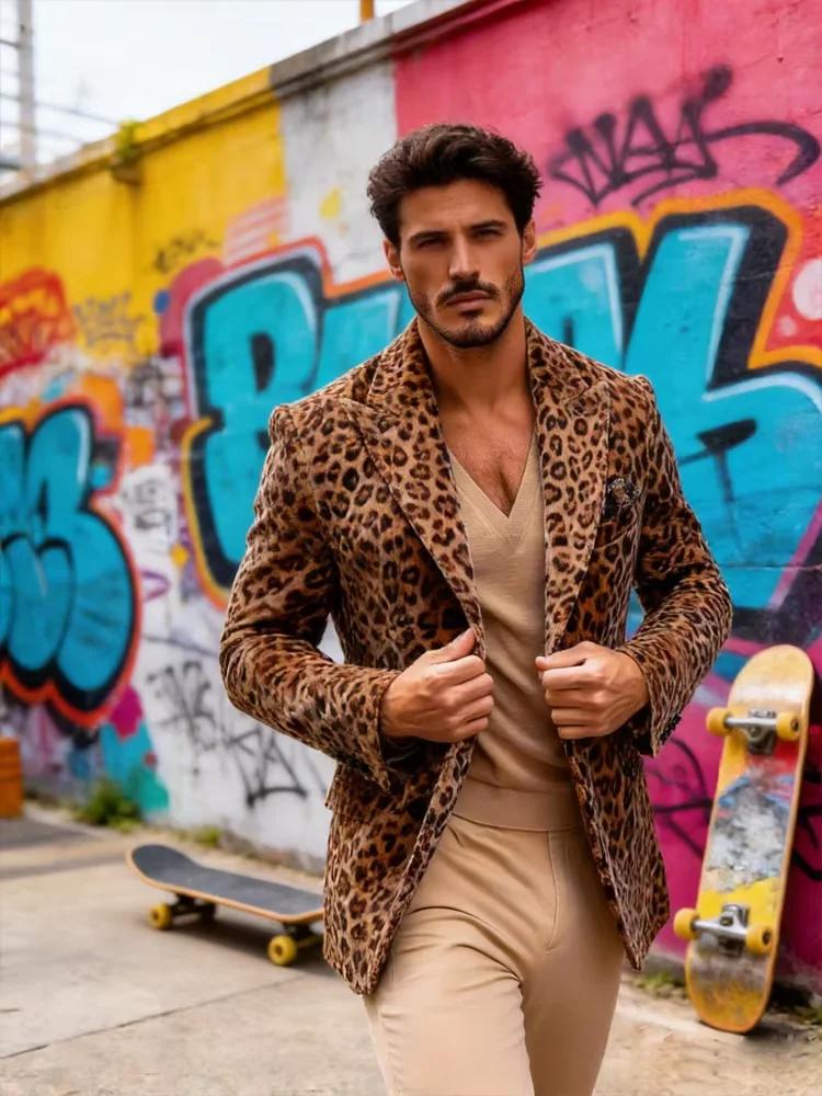 Blazer léopard de luxe pour homme, coupe ajustée, revers pointus, simple boutonnage, veste 1 pièce,
