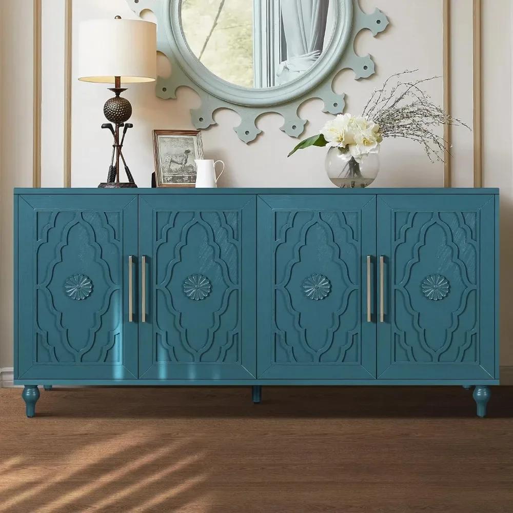 Buffet Credenzas pour salon, table d'entrée bleue de 63 pouces avec armoire d'appoint de rangement,