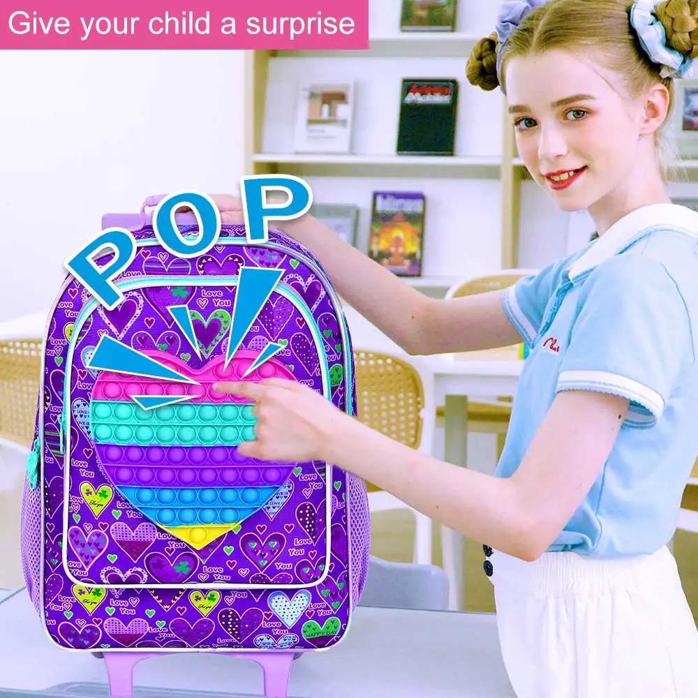 Sac à dos roulant 3 pièces pour filles, sac à livres à roulettes pour enfants, sac d'école à roulett