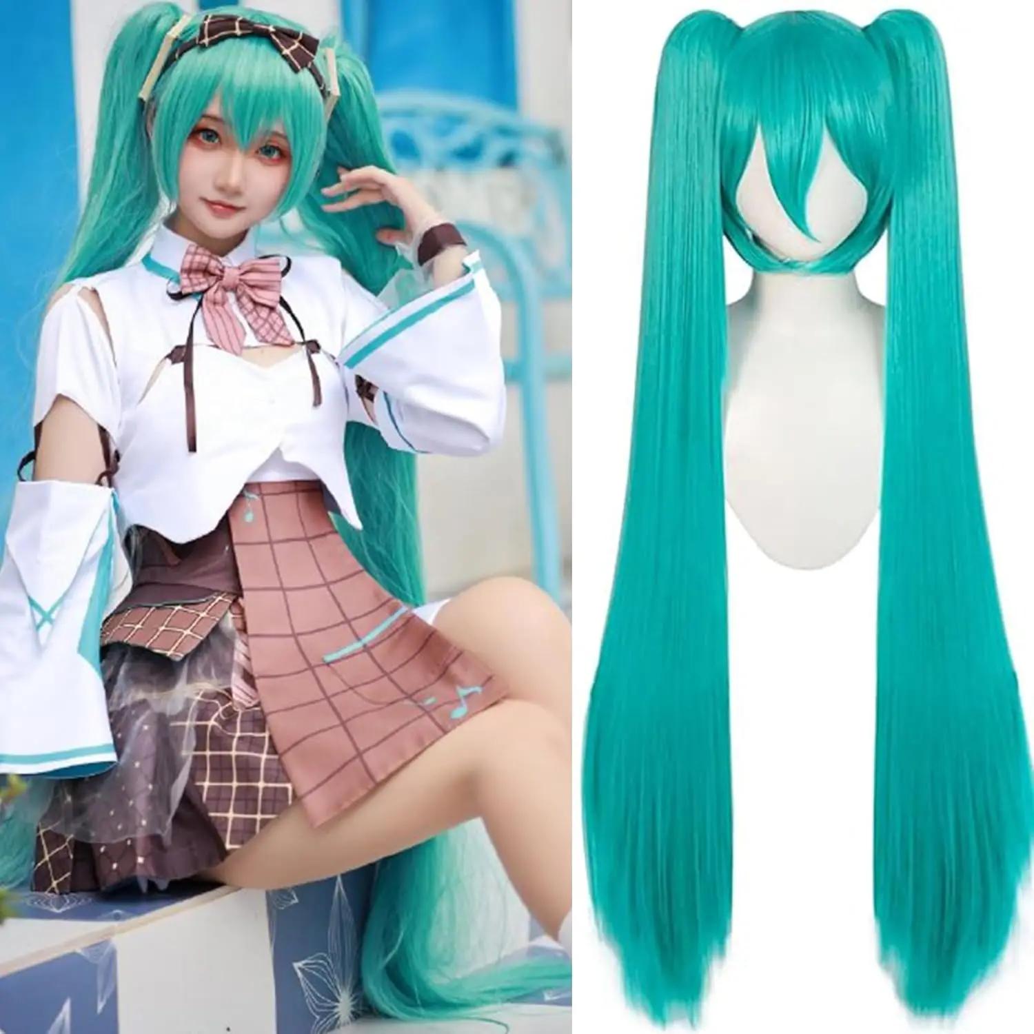 Perruques synthétiques vertes + bonnet de cheveux, perruque longue vert avec 2 queues de cheval pour