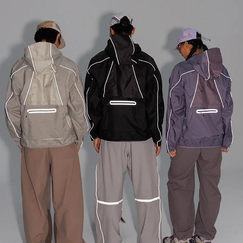2 pièces gilet manteau veste hommes femmes Sports de plein air bande réfléchissante ample décontract
