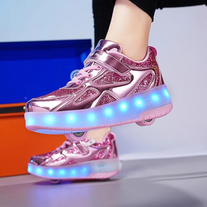 Baskets pour enfants hommes filles patins à roulettes patins à glace à roues lumière LED rose enfant