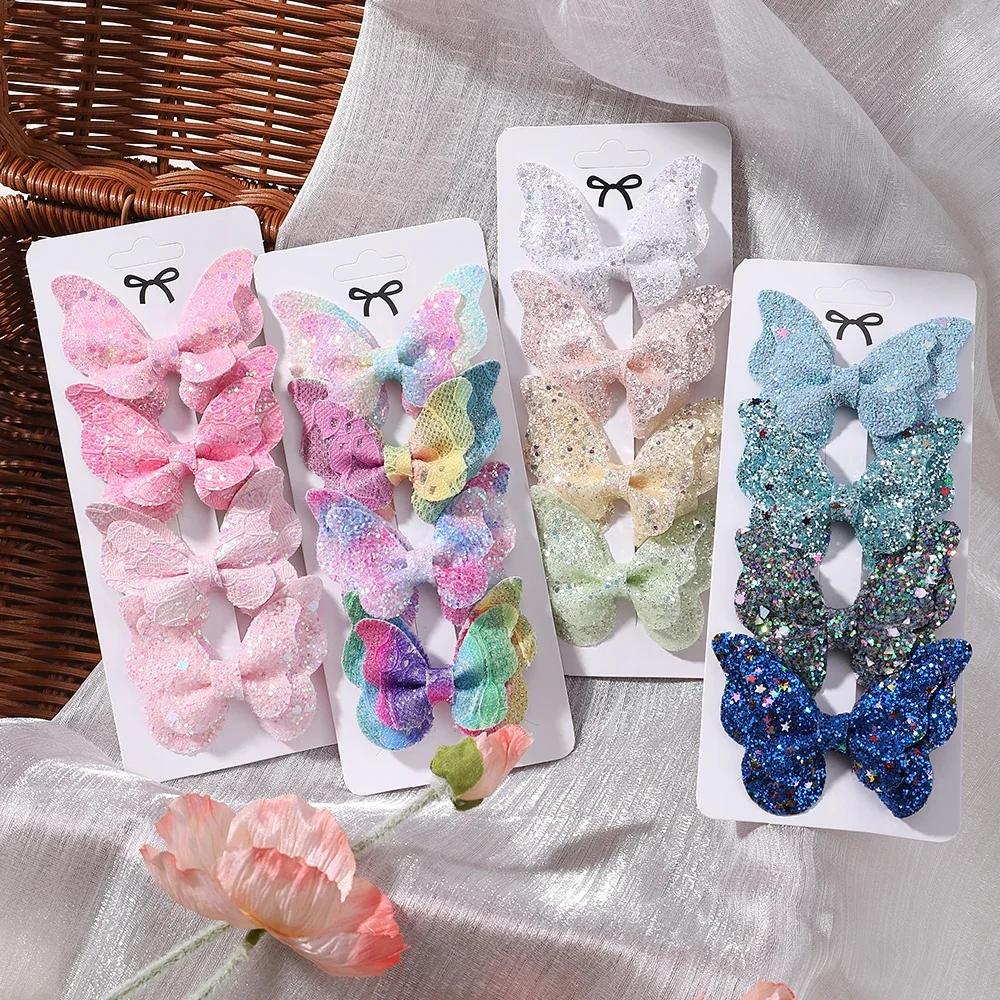 4 pièces filles mignon paillettes Double papillon pince à cheveux arc épingles à cheveux bricolage c