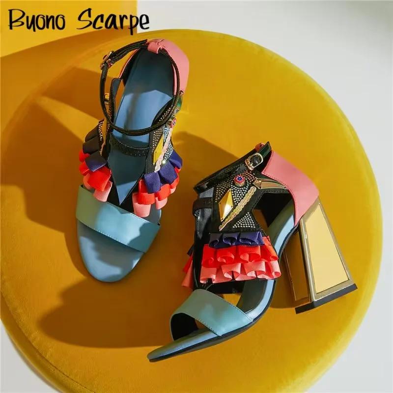 Sandales à Talons Épais et Strass pour Femme, Chaussures d'Été Assorties avec Ceinture, Nouvelle Col