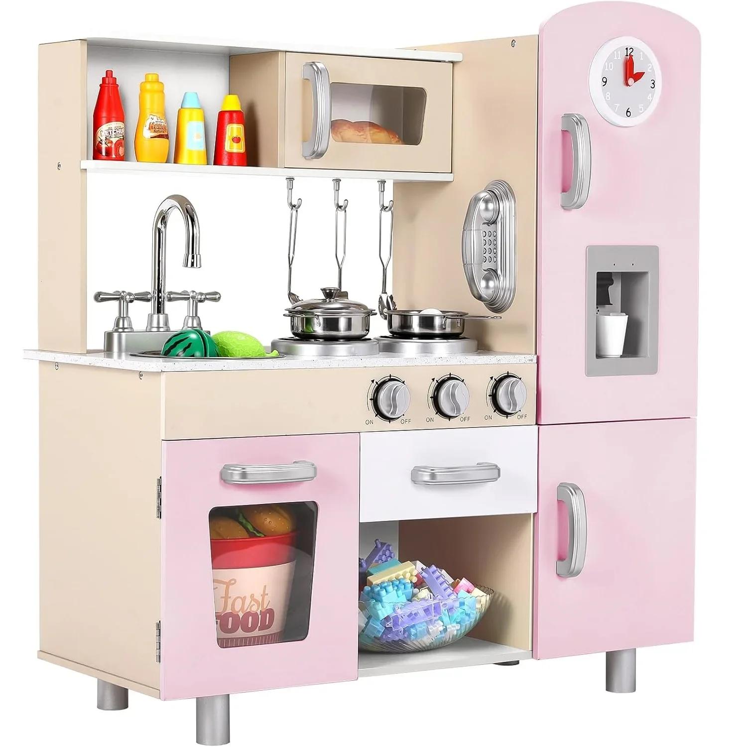 Ensemble de cuisine de jeu en bois, cuisine de jeu de simulation avec lumières et sons pour enfants