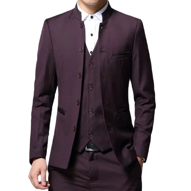 3 pièces noires à col montant pour hommes, veste blazer et gilet pour fête de mariage avec pantalon,