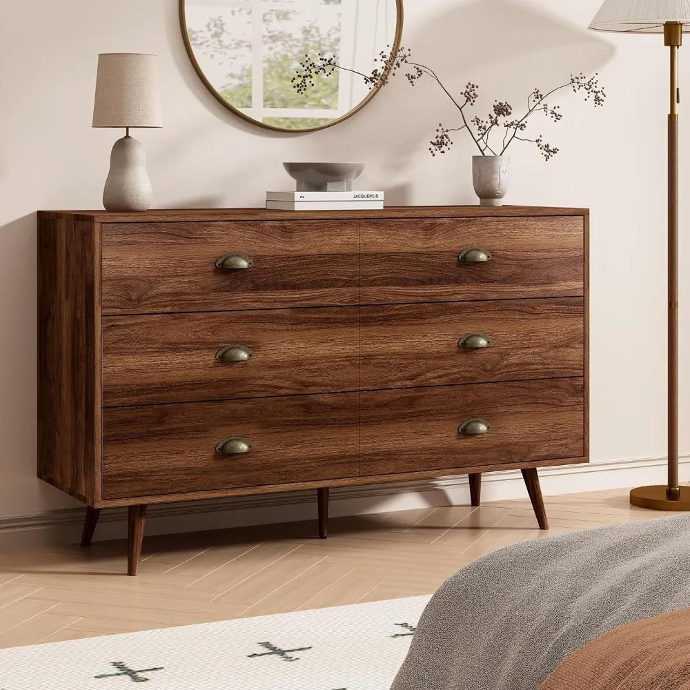 Commode en noyer brun pour chambre à coucher, commode à 6 tiroirs avec larges tiroirs et boutons en