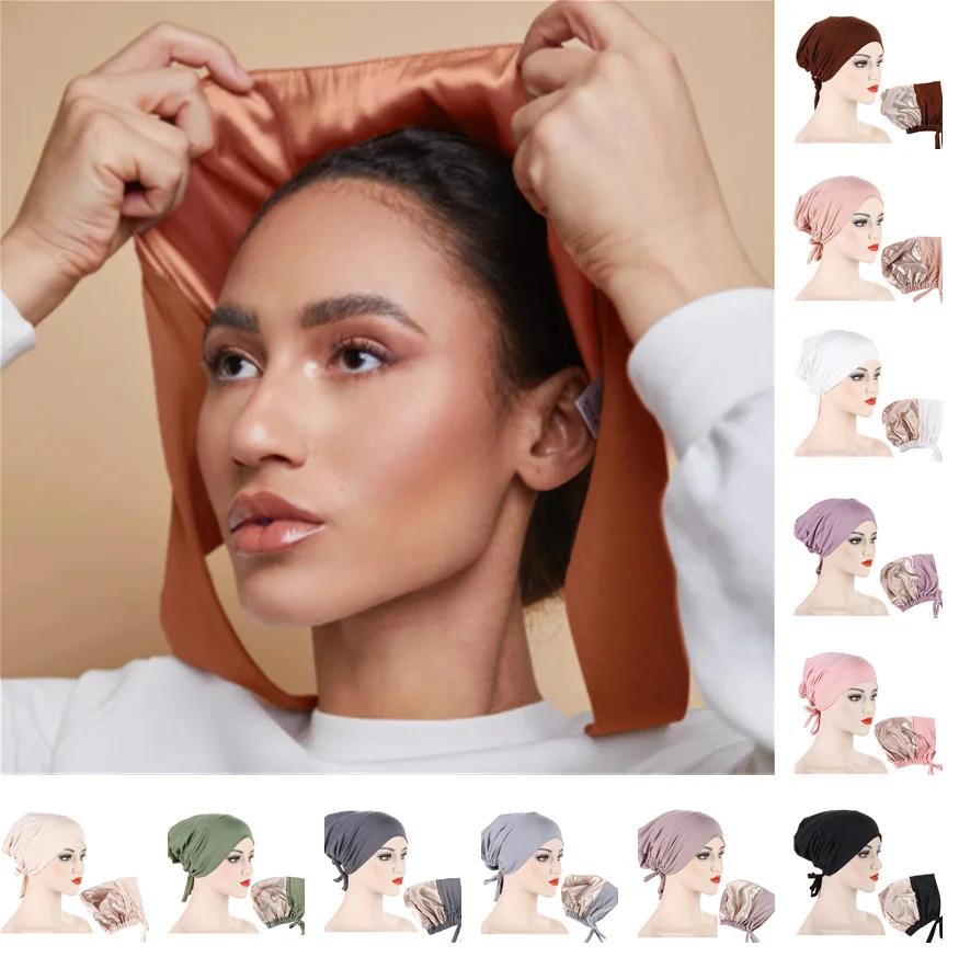 Bonnet Hijab en Satin Modal Double couche, sous-capuchon islamique avec cravate, Hijabs instantanés