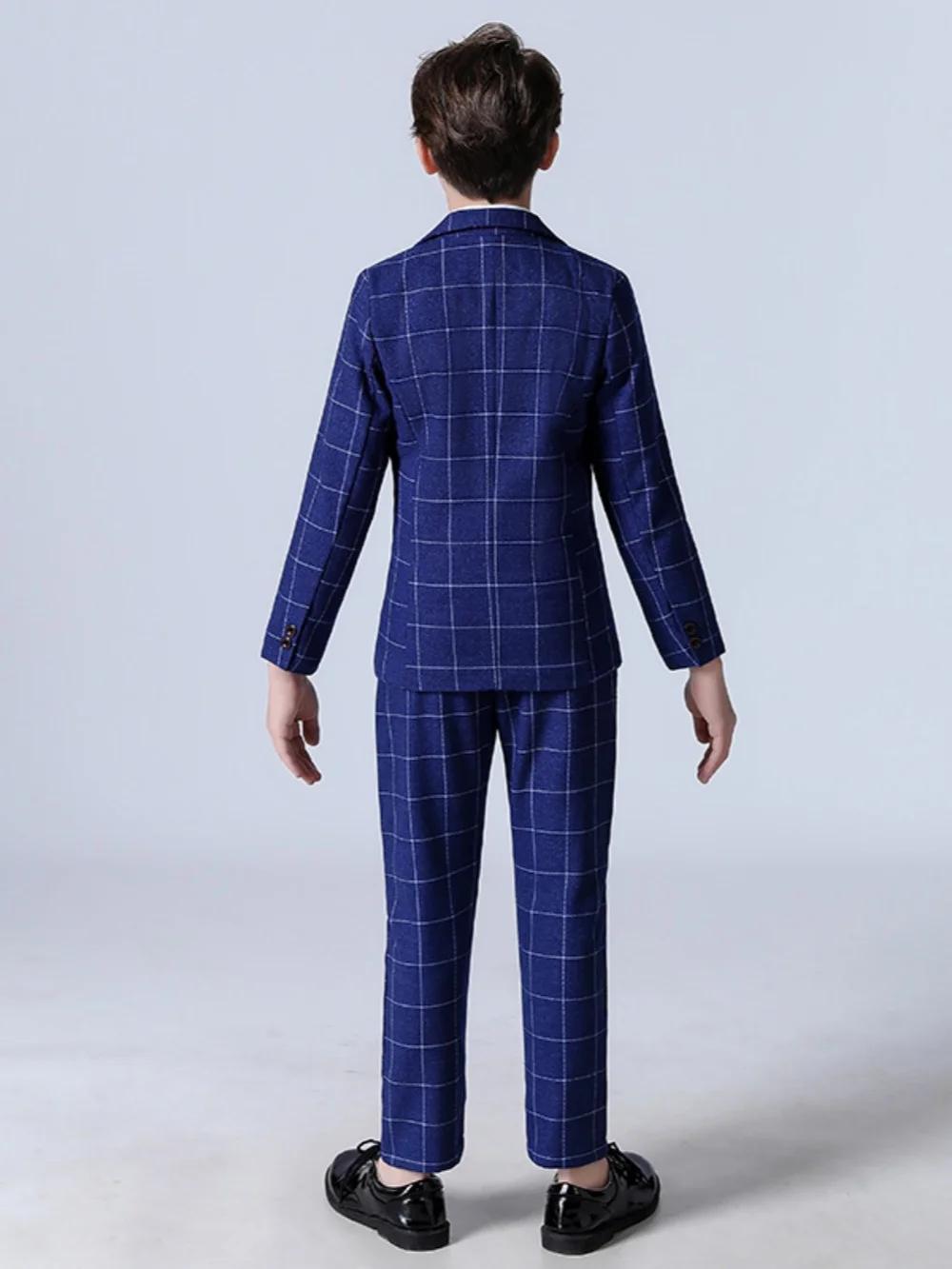 Ensemble de costume à carreaux bleu élégant, 5 pièces, tenue de spectacle de Piano, beaux garçons in