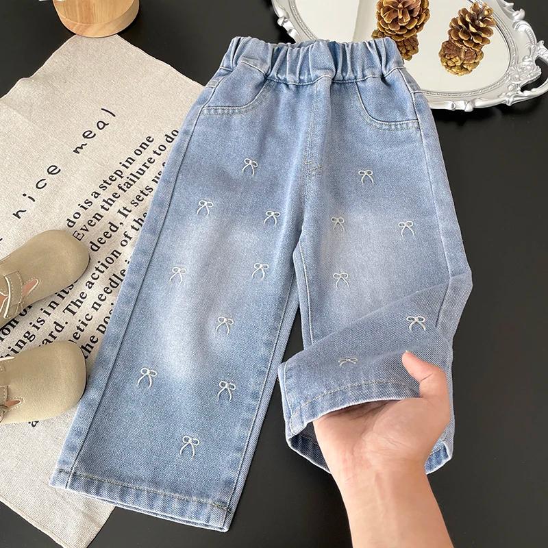 Pantalons en jean à jambes larges brodés avec un nœud pour filles