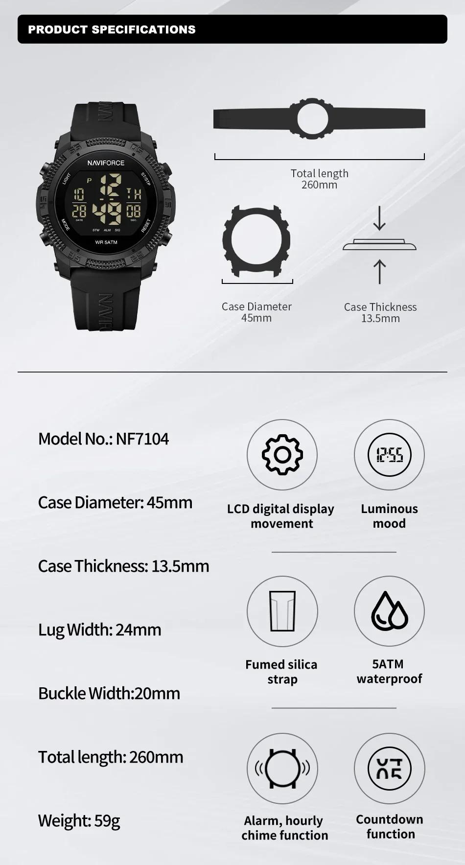 NAVIFORCE NF7104 Montre électronique numérique LCD décontractée avec alarme de date et de semaine po