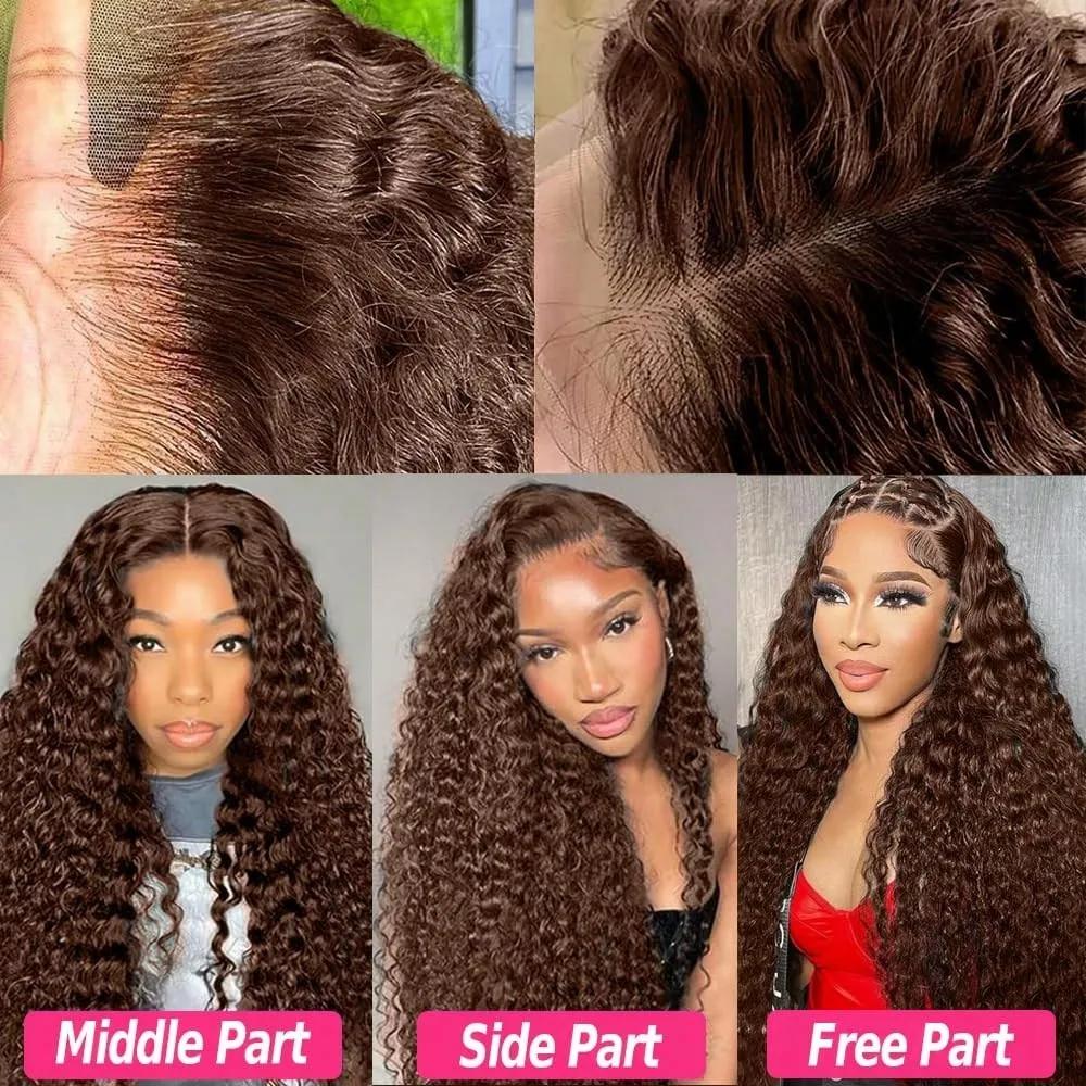 Perruque Lace Front Wig naturelle ondulée, cheveux naturels bruns, brun chocolat, 13x6, densité 250%