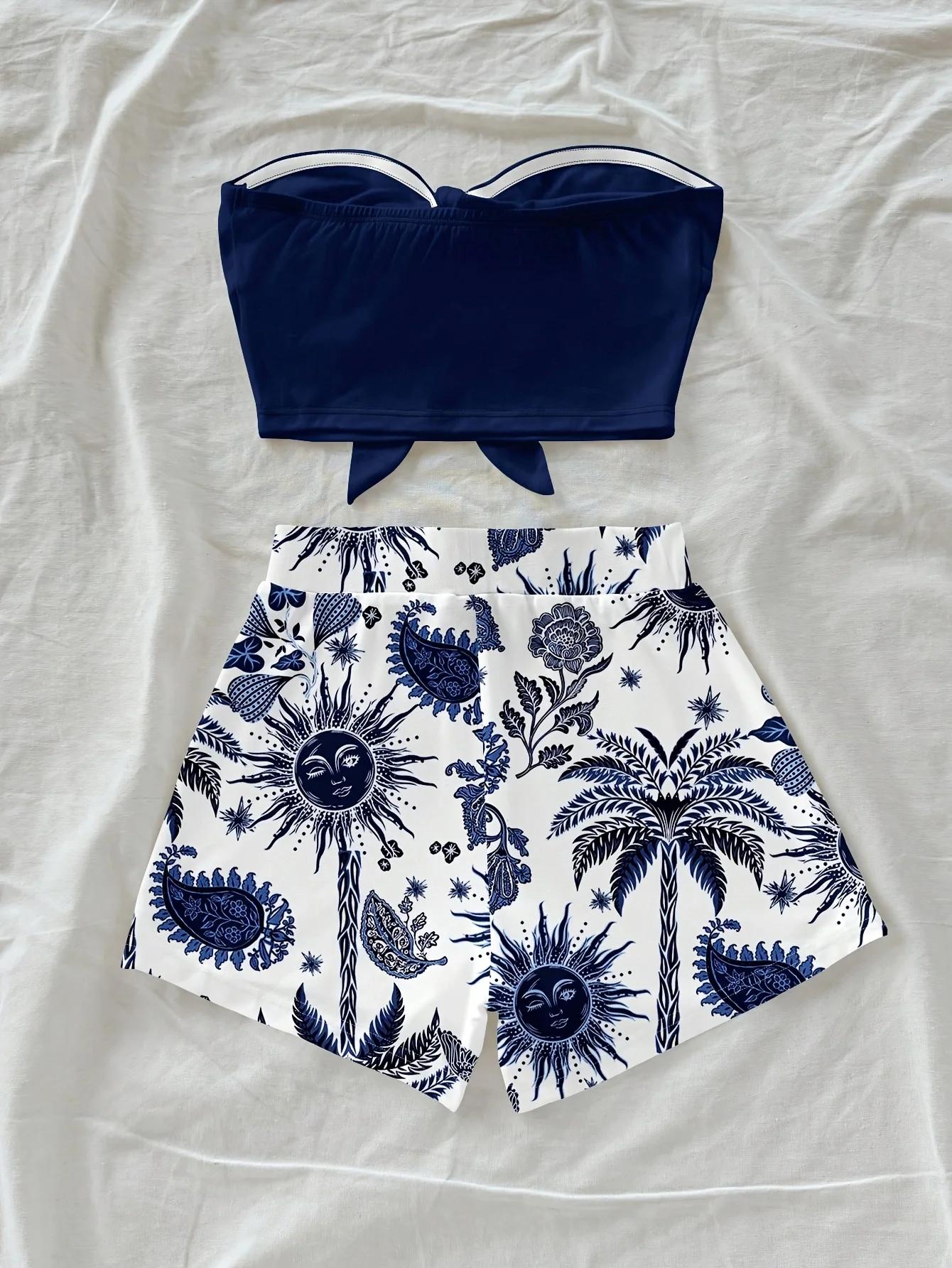 Ensemble 2 pièces pour femmes, imprimé cocotier et Dieu du Soleil, idéal pour les vacances d'été et