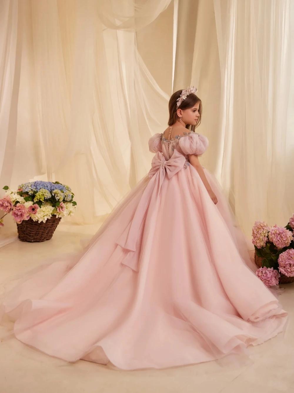 Robe de princesse en dentelle perlée brodée rose pour filles, tenue de fête d'anniversaire avec nœud