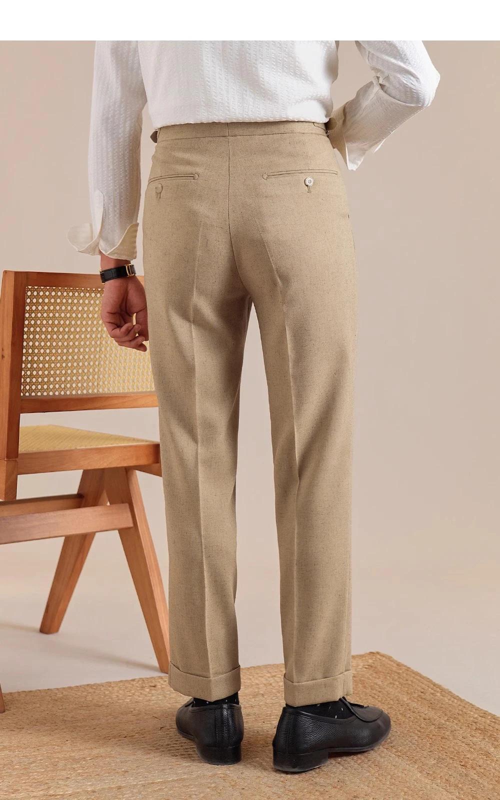 Naples taille haute lin Pantalon de Costume hommes respirant jambe droite Pantalon de bureau hommes