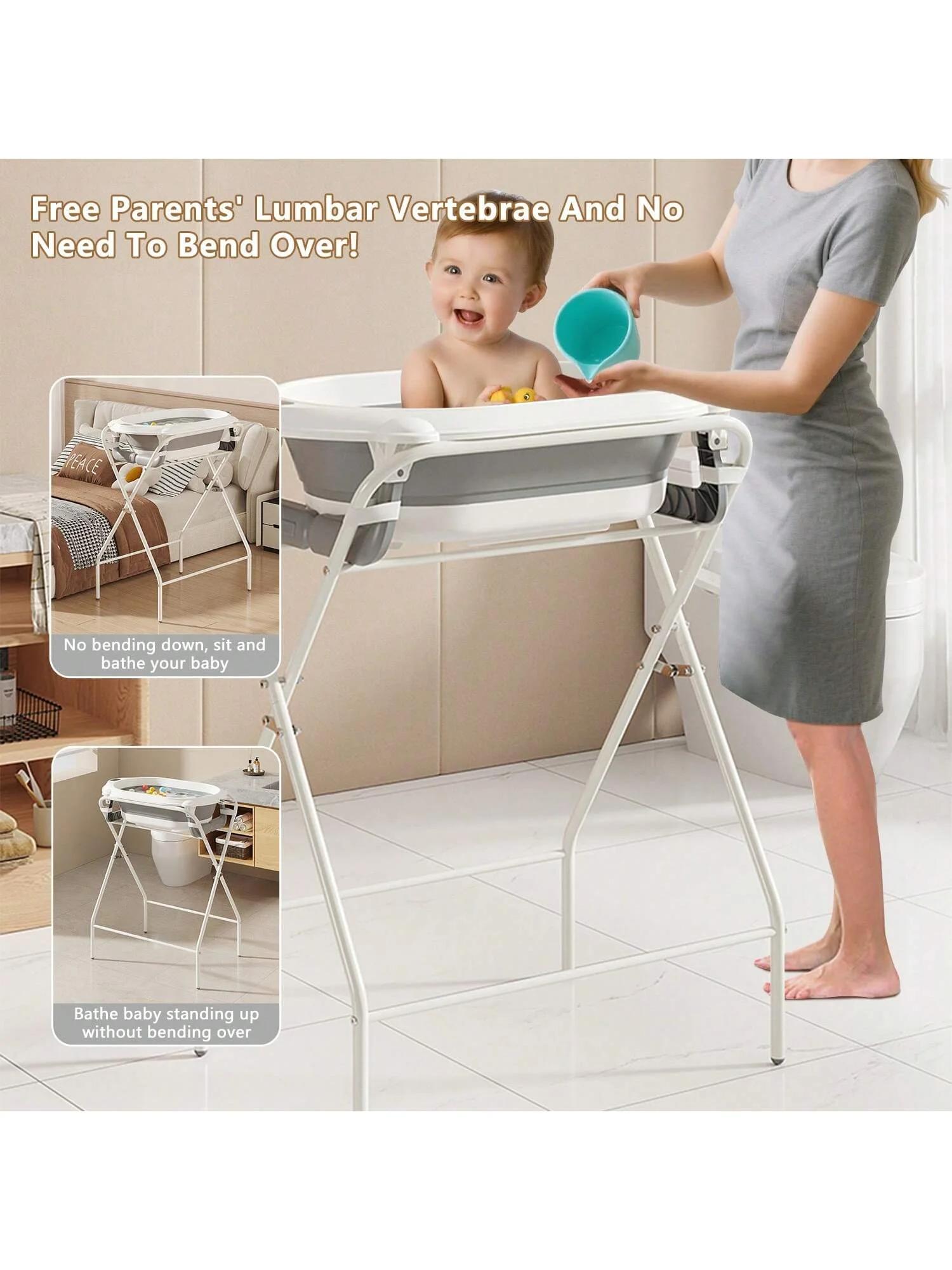 Baignoire pour bébé avec support (pliable) – Thermomètre, coussin ergonomique, oreiller de bain faci