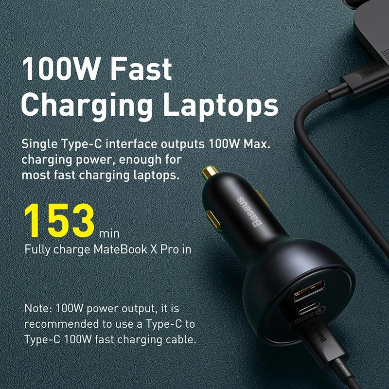 Baseus 160W chargeur de voiture QC 5.0 Charge rapide avec USB double Type C pour IPhone 15 14 13 12