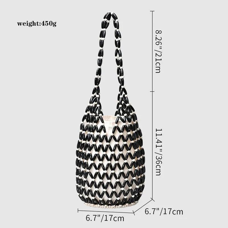 Sac à main tissé pour femmes, sac à perles en bois ajouré, sac seau à bandoulière, sac à main de pla