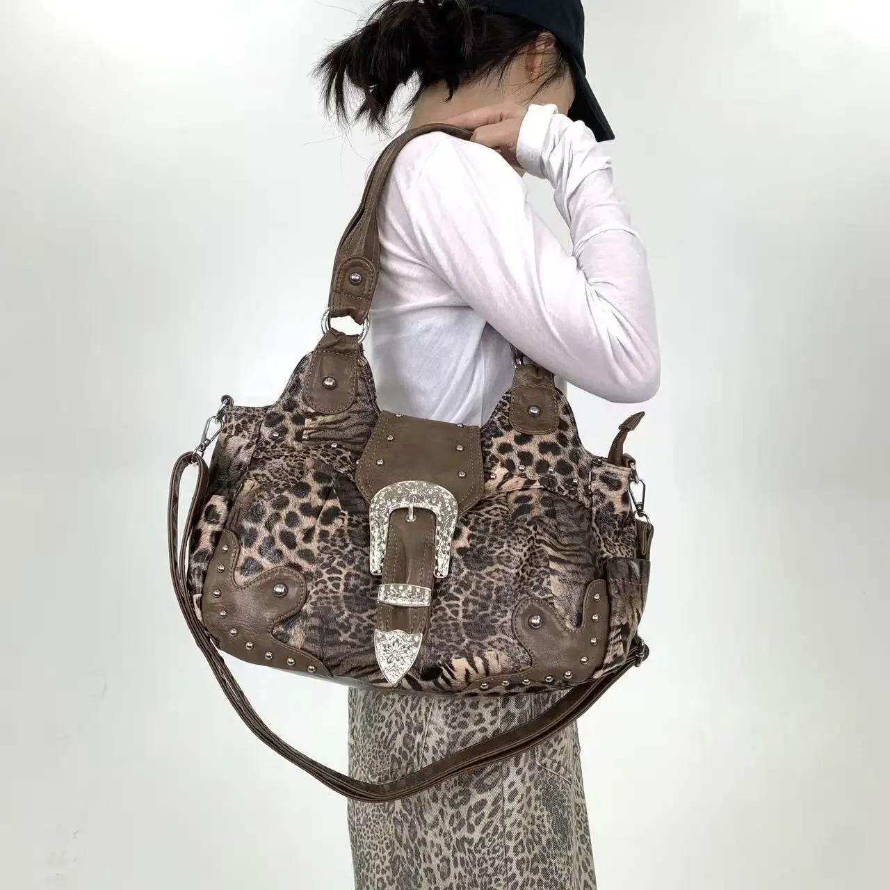 Y2K – sac fourre-tout en patchwork imprimé léopard pour fille épicée, personnalité de rue, avec plus