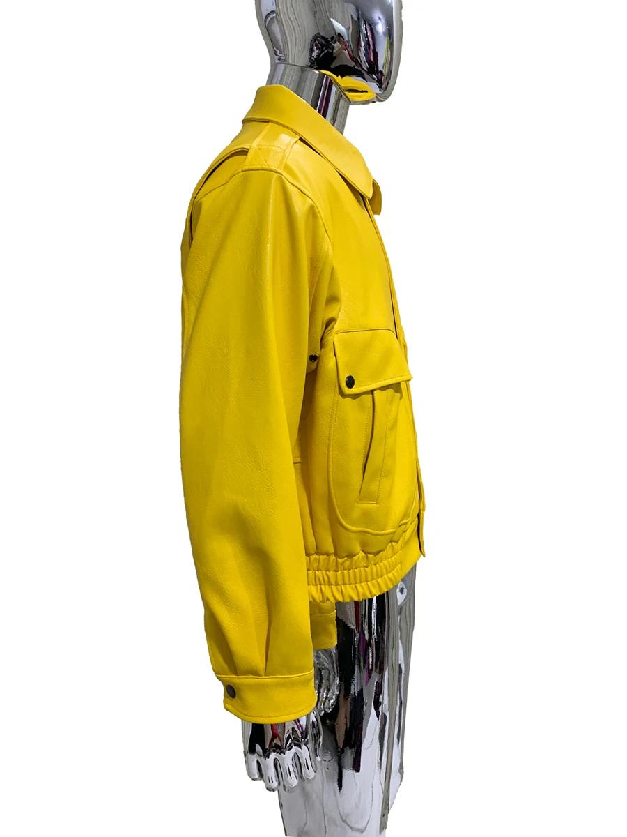 Veste courte en cuir Pu pour hommes, Cool, jaune vif, col rabattu, rouge, luxe, mode européenne, vêt